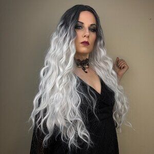 30" long wavy Black White Grey Silver Ombre wig Goth Witch Banshee